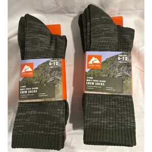 3 Pairs Ozark Trail Crew Socks Arch Support Wool Blend Green Men's Size 6-12 x 2